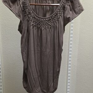 LOFT Taupe Braided Yoke Short Sleeve Tunic